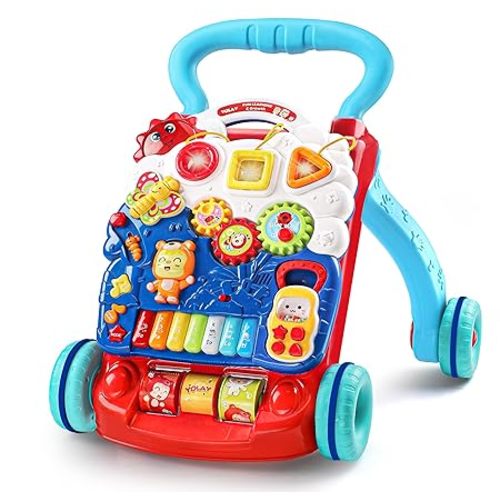 YOLAY Baby Push Walker for Baby Boy and Girl 6-12 Months, Baby Walker with Wheels Safety Knob & Weight Balancing Water Tank, Sit to Stand Detachable Early Learning Activity Center for Kids - Blue