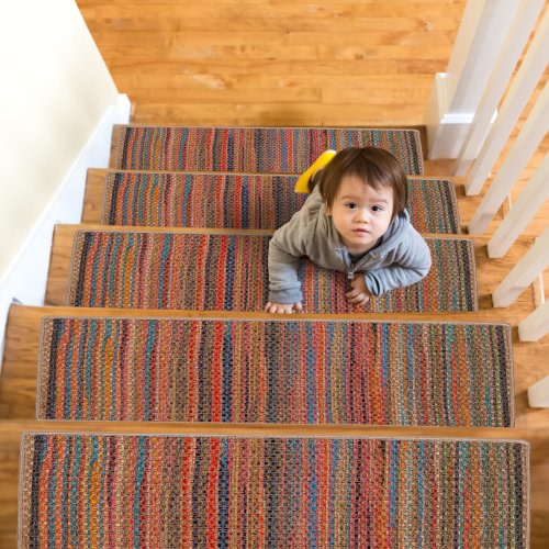 Colorful Jute Stair Treads Carpet, Striped Stair Runner Rug, Thin Stair Mat for Wooden Steps, Non-Slip Sole Step Rug, Washable Stair Pad