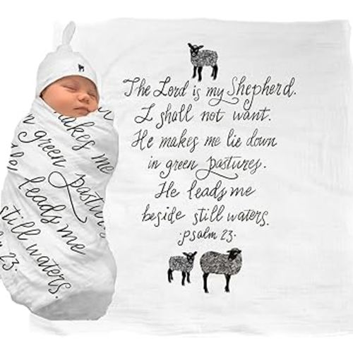 The Lord is My Shepherd (Psalm 23) Muslin Swaddle & Bonus Baby Hat with Scripture Quote - 100% Organic Unbleached Cotton - Swaddle/Blanket - Unique Shower & Baptism Gift