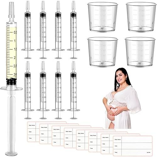 50 Pcs Colostrum Collector Kit 3ml Breast Milk Collector Milk Catcher with 4 Measuring Cup and 54 Stickers Colostrum Collection Gift Colostrum Harvesting Kit with Protective Cap for Breastfeeding