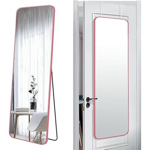 57x20 Door Hanging Full Length Mirror, Floor Stand (Height 5.7ft just Body in1.3ft) Wall Mounted Metal Frame Rectangle Dressing Mirrors for Bedroom Room 57 inch Pink Rose Gold