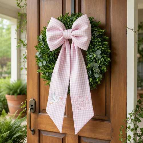 EMBROIDERED Baby Stork Gingham Wreath Sash, It’s a Girl Door Bow, It's a Boy Door Bow, Custom Baby Name, Newborn Door Decor,Baby Shower Gift