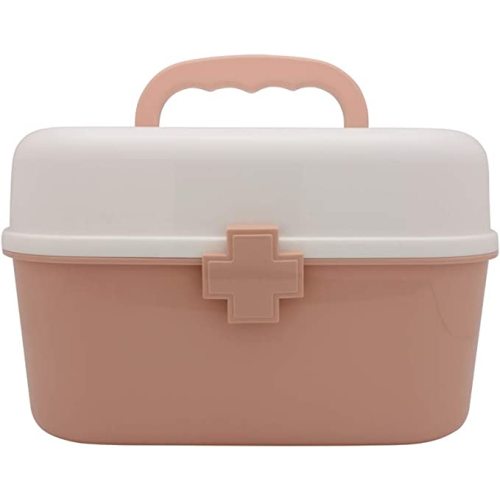BangQiao Plastic First Aid Storage Box Container Bin with Removable Tray and Portable Handle, Family Emergency Medicine Kit Case Organizer, White&Pink