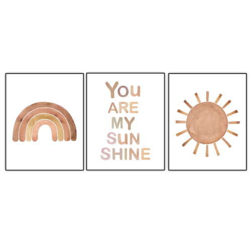 Nursery Art Prints, You Are My Sunshine, Neutral Nursery Art, Nursery Quote, Baby Girl Boy Room Decor, Rainbow Sun Boho Wall Decor, Set of 3 Unframed Prints 8"x10"