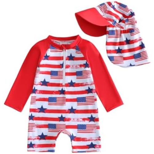 Socutebabe Infant Baby Boy 4th of July Swimsuit Toddler Rash Guard Baby One Piece Swimwear Sunsuit Bathing Suit Beachwear Hat