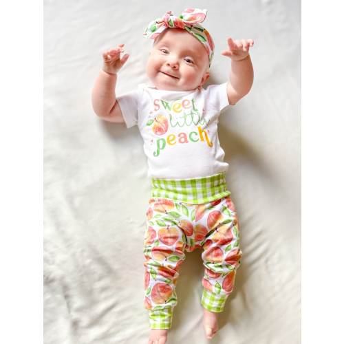 Sweet Little Peach Green Gingham Baby Girl Outfit Peachy Sweet One Outfit Fall Baby Peach Crew Outfit Yoga Pants Headband Infant Newborn