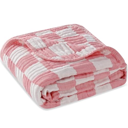 Ultra-Soft Muslin Baby Blanket - Swaddle & Crib for Girls, Pink Checkered (1-Pack) | 70% GOTS organic cotton & 30% viscose from bamboo, ultra-soft for girls, newborn toddler swaddle, crib stroller, curated box
