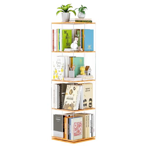 TAKEKIT Rotating Bookshelf, 360 Degree Revolving Bookcase, 4-Tier Spinning Bookshelf, Clear Acrylic & Solid Wood Rotating Bookcase for Kid’s Playroom, Bedroom and Living Room, Square