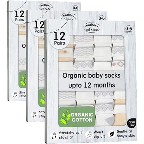 Mother's Choice Baby Socks 0-6 Months 12 Pairs Organic Cotton Blend Newborn Socks for Girls & Boys Stay-On Stretch Infant Socks OEKO-TEX Certified Baby Gift (Pack of 3)