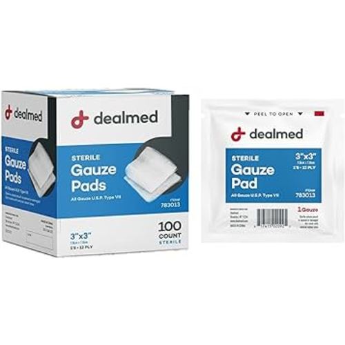 Dealmed 3’’ x 3’’ Sterile Gauze Pads (100 Count) Disposable and Individually Wrapped Medical Gauze Pads, Wound Care Product for First Aid Kit and Medical Facilities (Pack of 1)