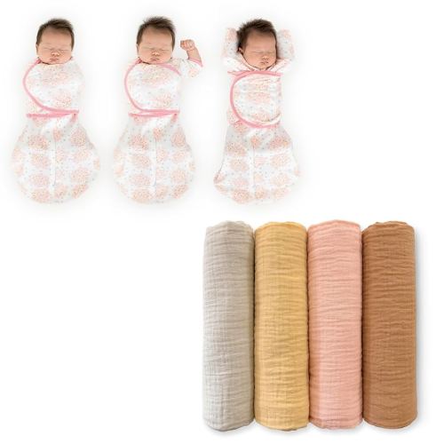 SwaddleDesigns 0-3 Mo Baby Swaddle Set, Pink Heavenly Floral, Omni Swaddle Sack for Newborn, 6-Way Swaddle with Arms Up Half-Length Sleeves & Mitten Cuffs, and Muslin Swaddle Blankets 4pk, Tuscan Sun