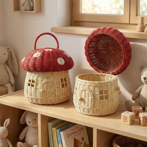 Handwoven Rattan Mushroom Basket – Red Wicker Storage Organizer, Woodland Decor