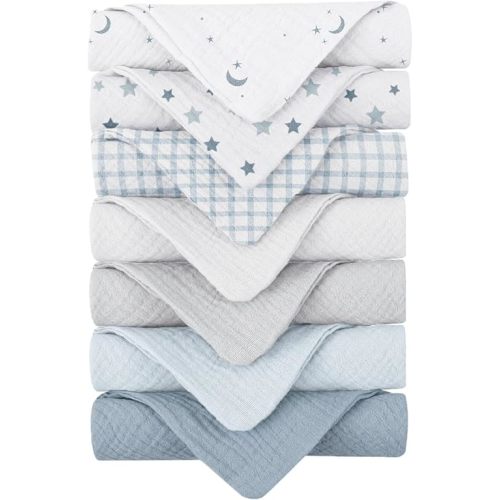 Konssy Baby Muslin Washcloths 7-Pack, 100% Cotton Baby Bath Washcloths, Soft & Absorbent Wash Cloths and Burp Cloths for Newborn Kids Girls & Boys, 11x11 inches