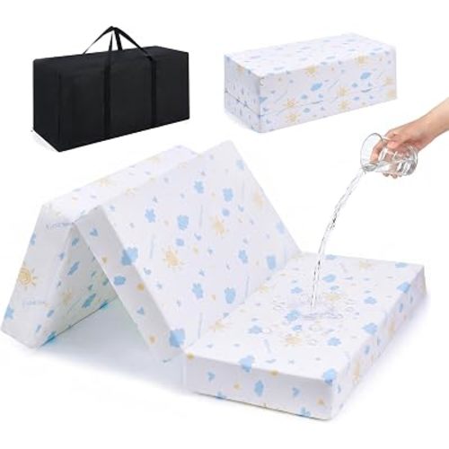 Trifold Portable Baby Pack and Play Mattress 38''*26"*3“,Soft Memory Foam Foldable Baby Pack N Play Mattress with Waterproof & Removable Cover and Carry Bag (White)
