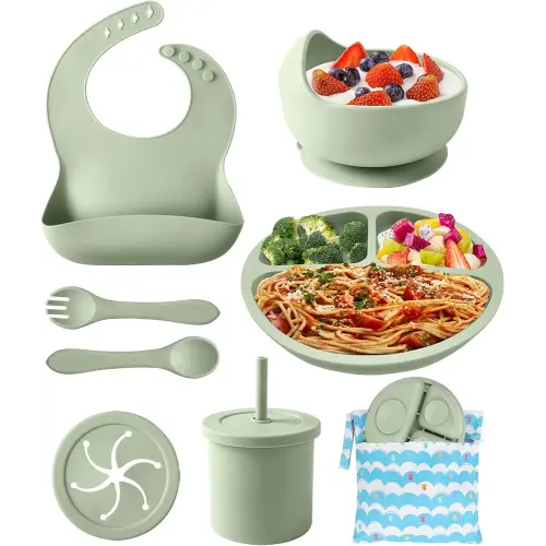 Silicone Baby Feeding Set, 10 Pcs Baby Led Weaning Supplies Baby Eating Essentials Set with Suction Bowl Divided Plate Adjustable Bib Soft Spoon Fork Cup with Lid Drinking Cup, Travel Bag (Green)