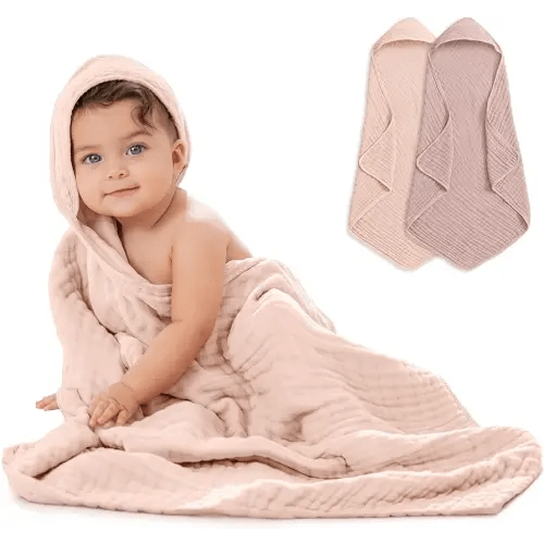 Comfy Cubs Hooded Baby Towel 2-Pack, Large 32 x 32 Inch - 6 Layer 100% Muslin Cotton for Babies, Toddlers, Kids - Soft & Absorbent Baby Bath Towels - Unisex Design for Bath Time, Mauve and Blush