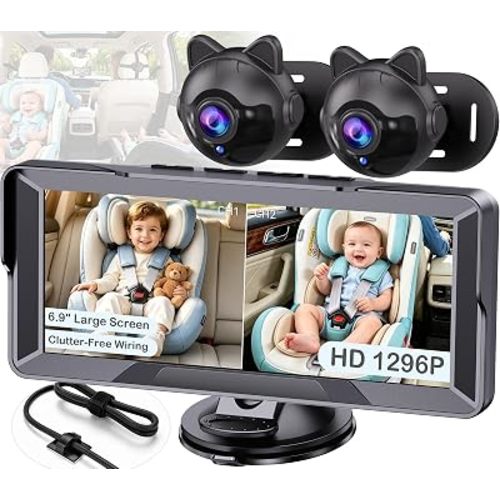 1296P Dual Baby Car Camera for 2-Kids: 6.9" Large Split-Screen for Two-Seat