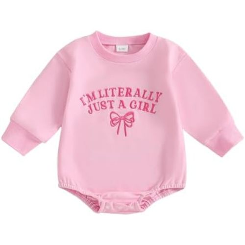 Newborn Baby Girl Outfit Letters Embroidery Sweatshirt Bubble Romper Cute Long Sleeve Bodysuit