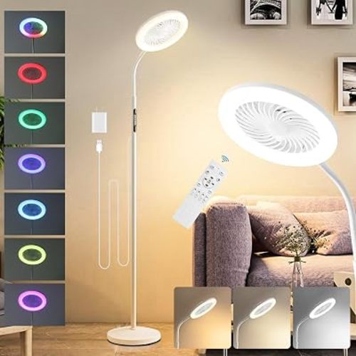 RGB Floor Lamp with Fan, 2 in 1 Adjustable Height Standing Pedestal Floor Fan Lamp with 3000K-6000K/RGB Dimmable and 3 Speeds, LED Floor Light with Remote for Bedroom, Living Room, Camping