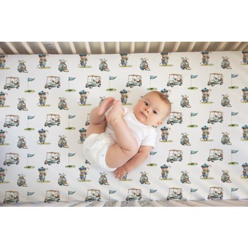 Golf Crib Sheet -Baby Boy Golf Nursery Bedding - Baby gift for Golfer-  Teddy Bear Bedding- Golf cart pattern - Custom Golf Theme sh364