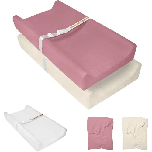 Muslin Baby Changing Pad, 2 Pack Muslin Soft Cotton Covers & Waterproof Lining Foam Diaper Changing Table Pad 32" x 16.6" Mat for Dressers