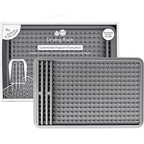 ezpz Drying Rack (Gray) - Silicone Dish Drying Rack with Suction Base - Adjustable Pegs - Odor-Resistant - Dry + Store Baby/Toddler Gear