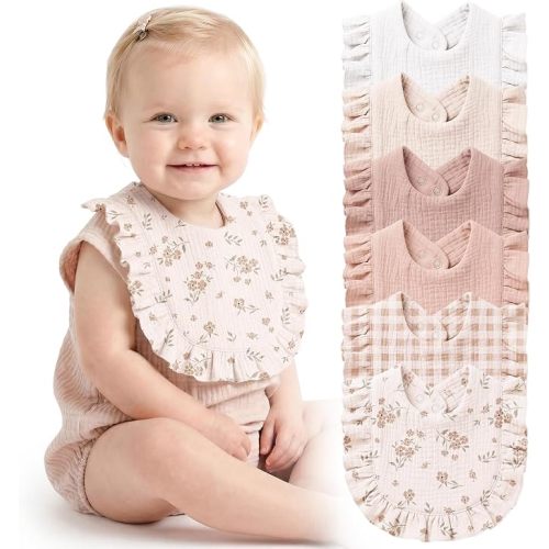 Konssy 6-Pack Muslin Baby Girl Bibs, Absorbent Drool Bibs with Ruffle Trim | 100% Soft Cotton, 6-Layer Absorbency, Adjustable Bibs for Drooling & Teething, Newborn to Toddler 0-36M