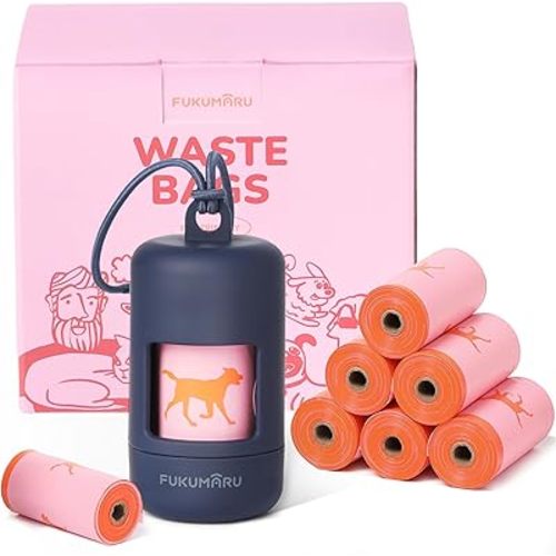 FUKUMARU Poop Bags For Dogs, 120 Rose Scent Dog Poop Bag Holder and Dispenser with Leash Attachment for Dogs, Cats and Multi-pet Use - Running Pattern Bags, Blue Holder