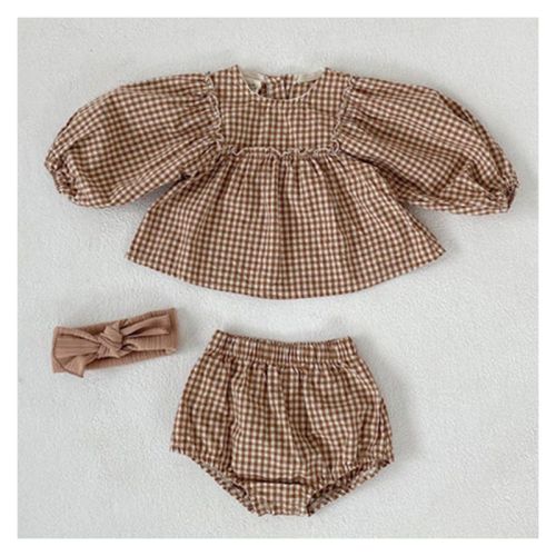 MyKids-USA Baby Girl Plaid Pattern Loose Blouses With Shorts Sets Brown 66 (3-6M)