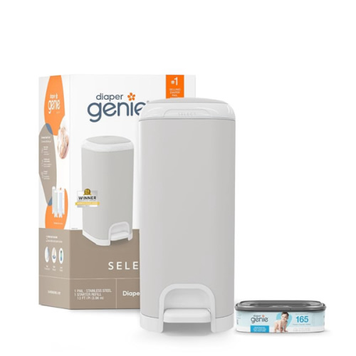 Diaper Genie Select Pail (Grey) is Made of Durable Stainless Steel and Includes 1 Starter Square Refill That can Hold up to 165 Newborn-Sized Diapers.