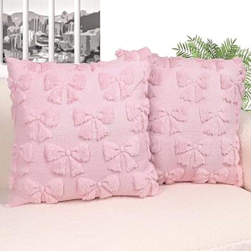 Hongsome Coquette Room Decor-Bow Throw Pillow Covers 18x18in Set of 2,Pink Soft Plush Faux Fur Pillow Case with Bows for Large Couch Sofa Home Indoor Outdoor Holiday Decorations