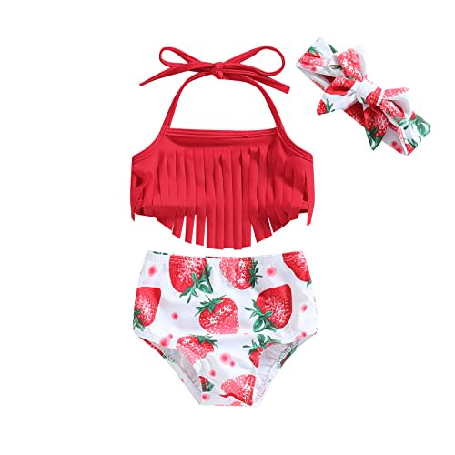 Yccutest Infant Baby Girl Flower Swimsuit 3Pcs Halter Triangle Tops Ruffle Bottoms Sun Hat Bikini Set Bathing Suit Swimwear