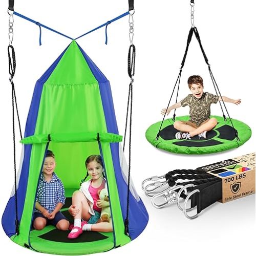 SereneLife 40" Kids Hanging Tent Swing, Outdoor Saucer Swing with Rope Straps (Green), Large