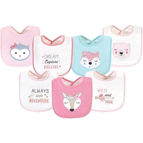 Hudson Baby Unisex Baby Cotton Terry Drooler Bibs with Fiber Filling, Pink Girl Woodland, One Size