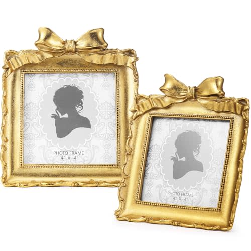 Chunful 1 Pcs Vintage Gold Bow Picture Frames Antique Baroque Photo Frames Ornate Resin with Glass Front for Home Tabletop Display Wedding Gallery Wall Hanging Party Decor (Classic,4 x 4 Inch)
