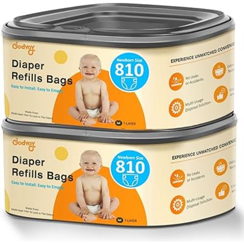 Jumbo Square Refill Compatible with Diaper Genie Classic,Compact and Select Pails,Odor Control & Durable,Holds Up to 810 Newborn Diapers,Plant Scented Disposal Bag Refills with Continuous Film（2 pack）