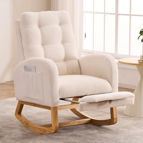 NIOIIKIT Nursery Rocking Chair, Linen Upholstered Glider Chair with Footrest, Tufted Rocker Recliner with Side Pocket, Comfy Recliner Glider, Accent Chair for Living Room (Beige Teddy)