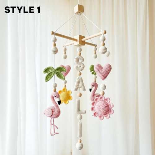 Personalized Crochet Flamingo Baby Mobile, Boho Tropical Nursery Decor
