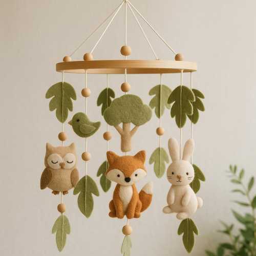 Woodland Baby Mobile – Handmade Felt Crib Mobile with Fox, Owl, Bunny & Forest Leaves, Neutral Nursery Decor, Baby Shower Gift for Unisex