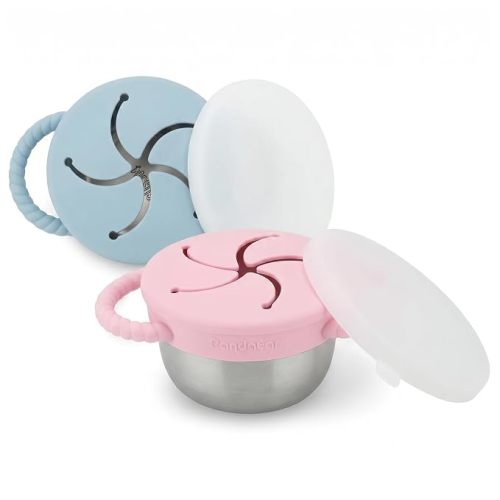PandaEar 2 Pack Stainless Steel Toddler Snack Cups, Spill Proof Snack Containers with Silicone Food Catcher & Handles, 9 oz Baby Snack Cup Holder with Lid for Kids, Dishwasher Safe (Blue & Pink)
