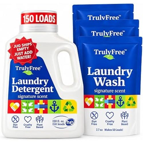 Truly Free Natural Laundry Detergent - 3 Pack + 1 Refillable Jug, 150 Loads
