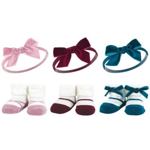 Hudson Baby Infant Girl Headband and Socks Giftset, Burgundy Pink Teal, One Size