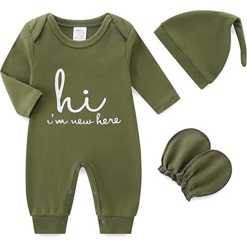 Newborn Baby Romper Cotton Coming Home Outfits Hi Im New Here with Hat Gloves Long Sleeve Solid Onesie