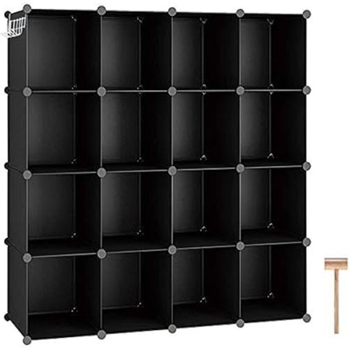 C&AHOME Cube Storage Organizer, 16-Cube Shelves Units, Plastic Storage Cubes, DIY Closet Organizer, Modular Closet Storage Shelves Ideal for Home, Bedroom, 48.4" L × 12.4" W × 48.4" H Black SUM3016H