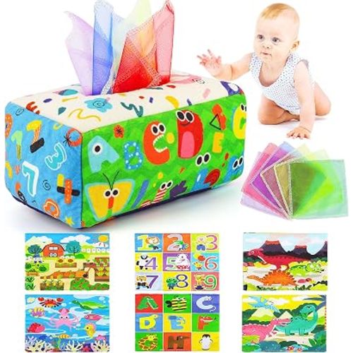 URMYWO Baby Tissue Box Toy - Montessori Baby Toys for 6-12 Months 1 Year Old Boy Girl - Soft Crinkle Sensory Toys for Infant Toddlers - Easter Basket Essentials Stuffers - Baby Boy Girl Gifts
