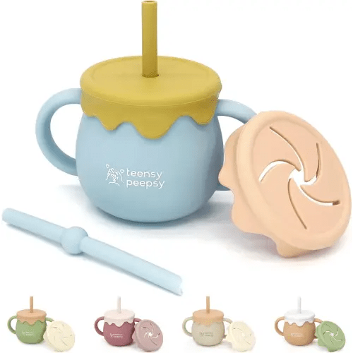 Honey Jar Pot 3-in-1 Silicone Training Cup 8.5oz, Baby Sippy Cup with Straw & Snack Lid for 6 months+ Straw Cup for Baby Boy Gift, Toddler Smoothie Drinkware (Honey Jar Blue)