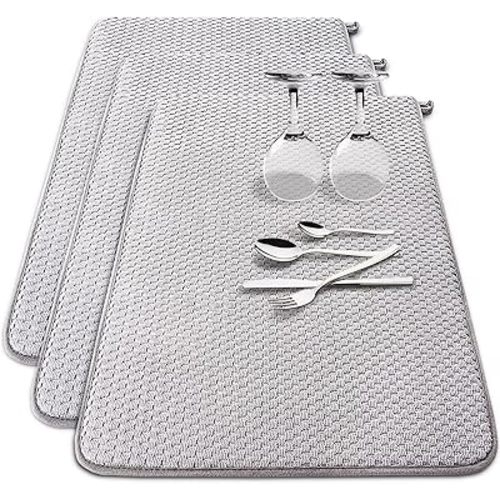 3 Pack Microfiber Dish Drying Mat,24 x 17 inch Super Absorbent Drying Pad,Large Size Dish Drying Mat for Countertops,Sinks,Draining Racks,Gray