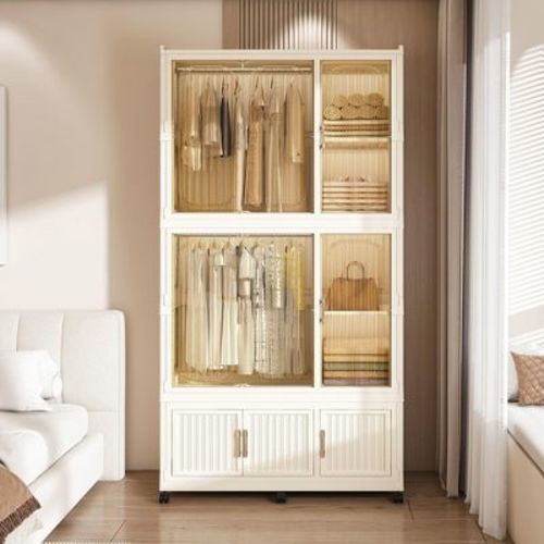 Portable Closet Storage Cabinet for Clothes, Plastic Baby Wardrobe Closet with 9 Cubes, 2 Hanging Rods & 6 Hangers