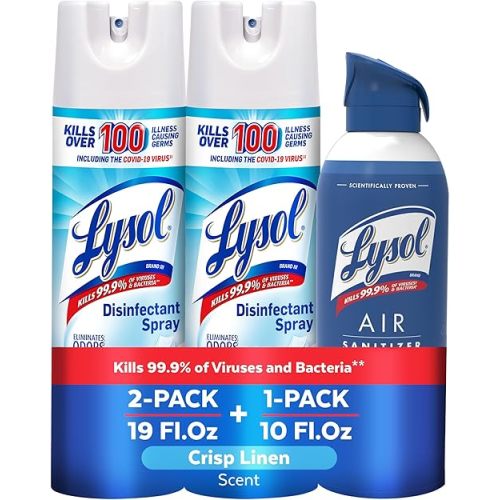 Lysol Bundle containing x2 Lysol Disinfectant Spray for Hard and Soft Surfaces, Crisp Linen, 19 Fl. Oz + Lysol Air Sanitizer Spray, For Air Sanitization and Odor Elimination, White Linen, 10 Fl. Oz