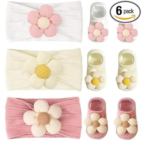Baby Girl Headband and Socks, Non-Slip Floral Socks and Soft Floral Nylon Hairbands for Babies Infants and Toddlers